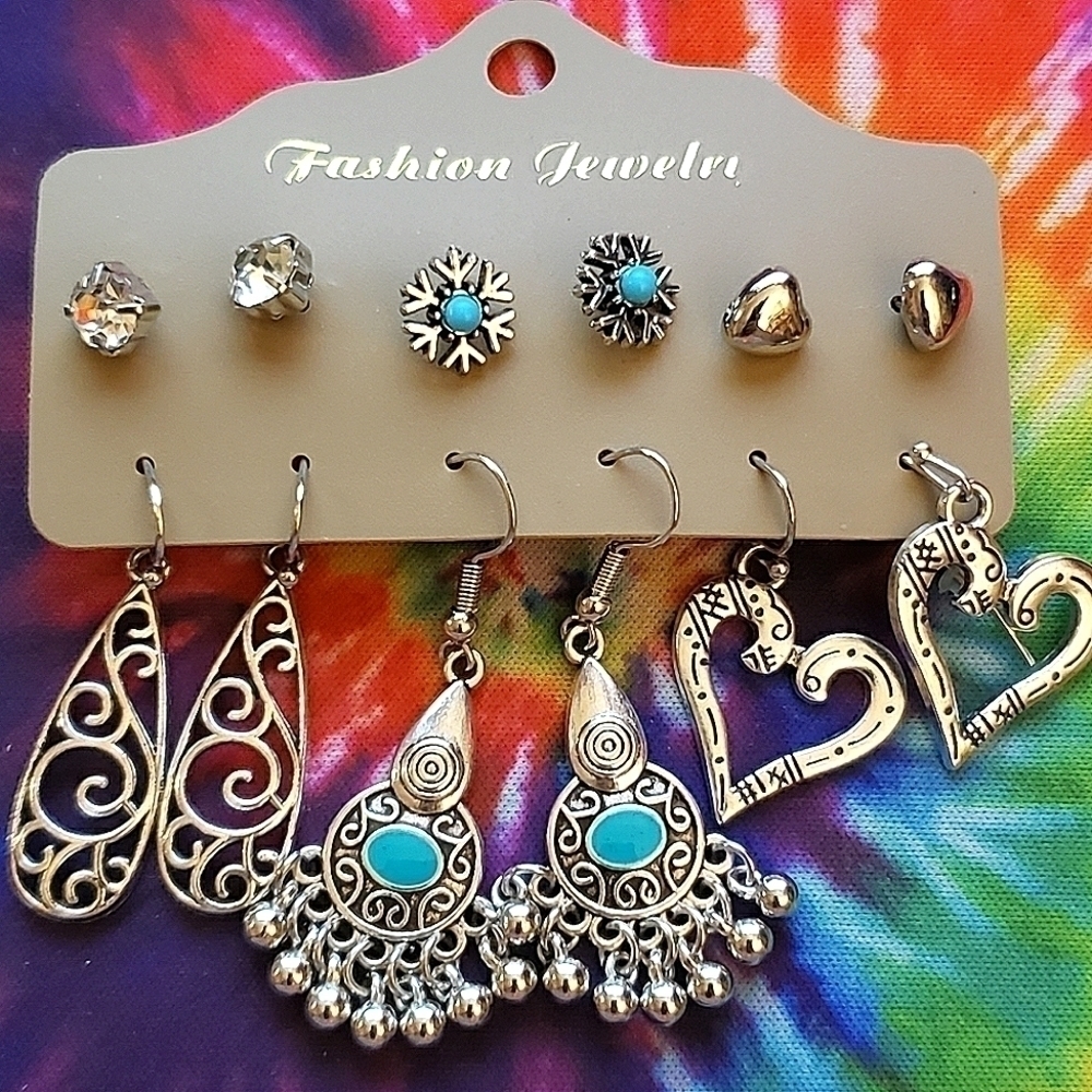 Nwt Silver Turquoise Boho Drop Dangle Earrings Stud Earrings Set of 6